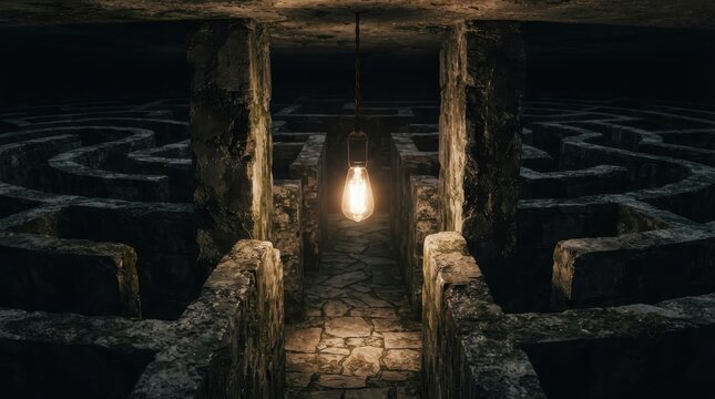 Hanging light bulb illuminating a dark stone labyrinth maze
