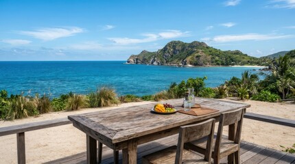 Naklejka premium Wooden dining table with tropical fruit overlooking the ocean and mountain