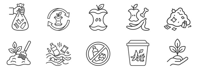 Fototapeta premium line icons of organic waste composting and recycling symbols on transparent background
