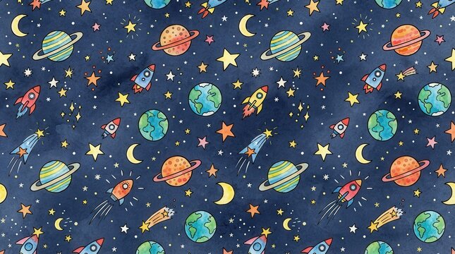Seamless pattern with cute cartoon spaceships, planets, and stars in space
