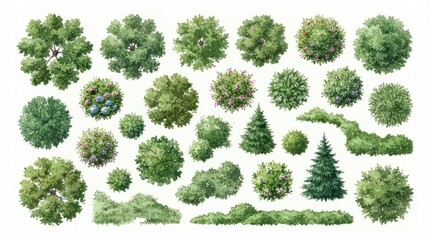 Naklejka premium Top view architectural tree and shrub symbols for landscaping plan