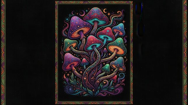 Psychedelic magic mushrooms illustration with vibrant colors and cosmic patterns