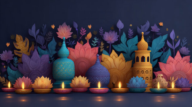 Colorful Moroccan lanterns, vases and flowers arranged on a decorative table, vibrant cultural decor, festive celebration, Ramadan inspiration.