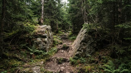 Obraz premium Narrow hiking trail through dense green forest with large rocks