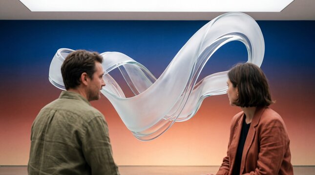 A man and woman admiring an abstract modern glass sculpture in an art gallery against a gradient wall