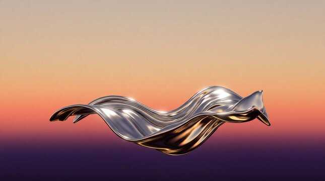 Abstract metallic wave floating against a colorful sunset gradient sky background with shiny chrome reflections