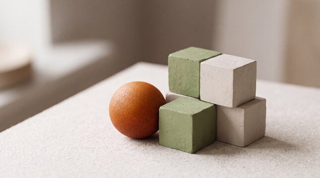 Minimalist still life composition with geometric terracotta sphere and sage green and white stone cubes on a neutral textured table