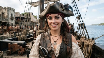 Fototapeta premium Female pirate standing on a ship deck with a harbor town in the background