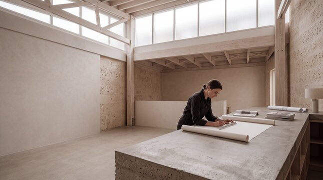 Professional female architect drafting building plans and blueprints on a concrete desk in a modern minimalist studio