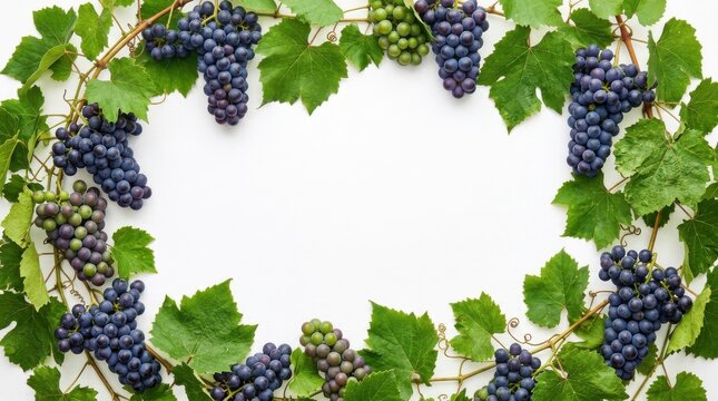 Fresh red and green grapes with vine leaves frame border