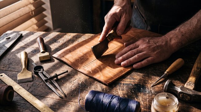 Leather craftsman cutting brown natural leather with a traditional skiving knife on a rustic workbench