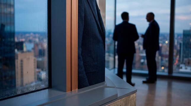 Business executives talking by panoramic skyscraper windows overlooking city skyline at dusk