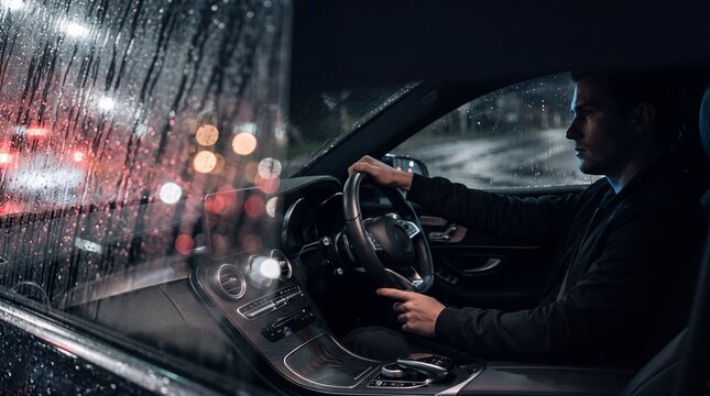 Young man driving a modern luxury car through city streets at night during rain with blurred streetlights