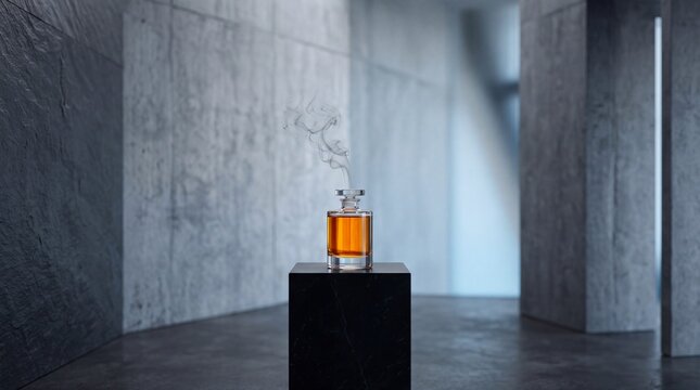 A luxury amber perfume bottle sits on a black stone pedestal with wisps of smoke in a modern concrete interior