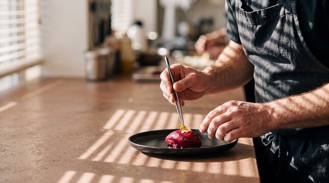 Professional chef meticulously decorating a gourmet dessert with edible gold leaf using tweezers in a fine dining restaurant kitchen