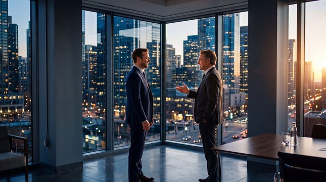 Two professional businessmen in formal suits having a discussion in a luxury modern high-rise office overlooking a city skyline at sunset