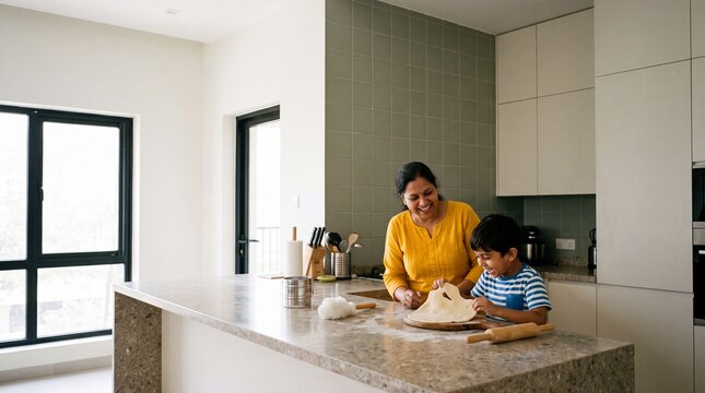 Happy Indian Mother and Little Son Baking and Rolling Dough Together in Modern Kitchen
