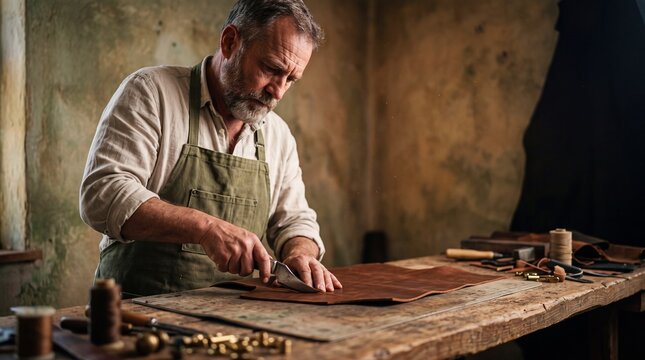 Middle-aged artisan leather craftsman cutting genuine leather with utility knife on rustic workbench in workshop