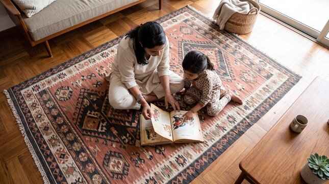 High Angle View of an Indian Mother and Daughter Reading a Storybook Together on a Carpet in Living Room