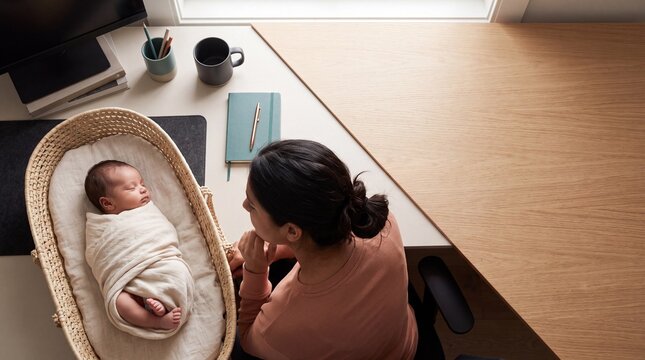 Mother working from home looking tenderly at her sleeping newborn baby in a woven moses basket beside her desk