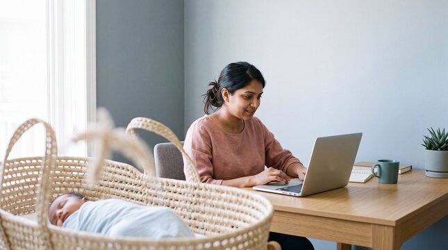 Indian mother working on laptop at home while newborn baby sleeps in a woven bassinet nearby