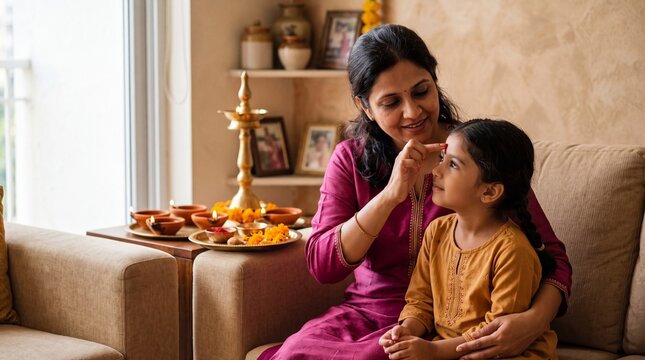 Loving Indian mother applying festive red tilak on young daughter's forehead during Diwali celebration at home