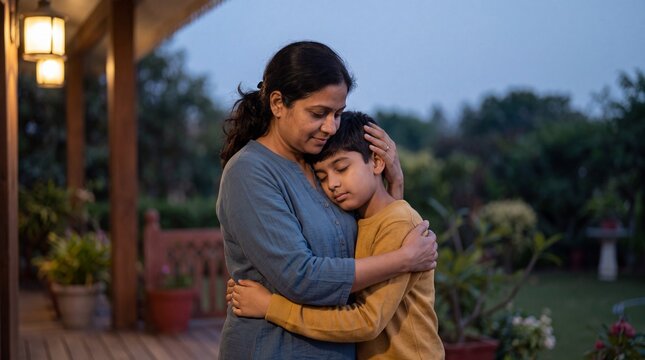 Caring Indian Mother Embracing and Comforting Her Young Son on Porch at Twilight