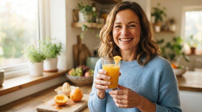 Woman drinking freshly squeezed orange juice in a bright kitchen