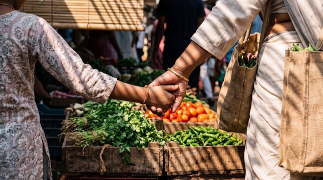 Mother and child holding hands while walking through a vibrant traditional outdoor vegetable market