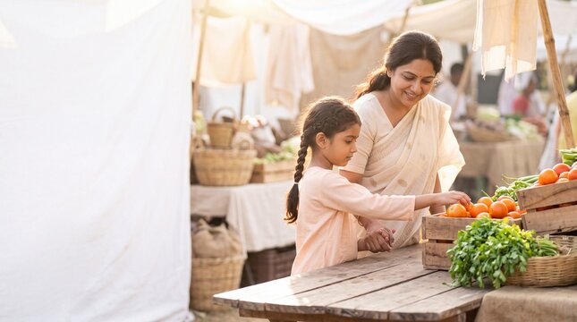Happy Indian mother and little daughter shopping for fresh organic vegetables at a sunny outdoor farmers market