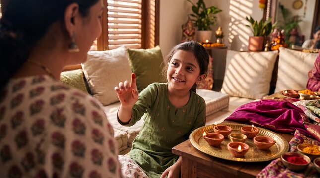 Happy Indian Little Girl Celebrating Diwali Festival at Home with Her Mother