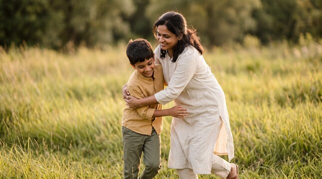 Happy Indian Mother and Son Embracing and Walking in a Sunny Green Meadow Field at Sunset
