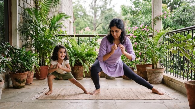 Indian mother and her cute little daughter doing stretching yoga exercises together on the balcony patio at home