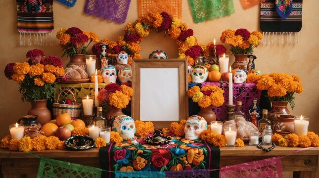 Day of the Dead altar with marigolds, sugar skulls, and empty photo frame