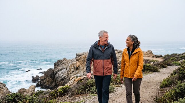 Happy senior couple laughing while hiking along a rocky coastal trail on an overcast day