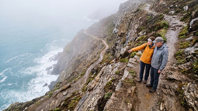 Senior couple hiking along a rugged coastal cliff path overlooking a misty ocean landscape