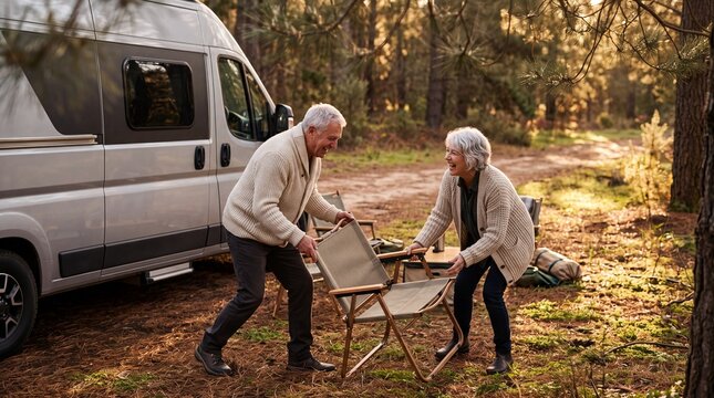 Senior couple laughing together while setting up a camping chair next to their modern camper van in a sunny pine forest