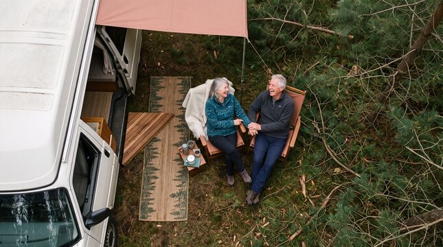 Happy Senior Couple Relaxing and Laughing Outside Camper Van in Pine Forest on Road Trip