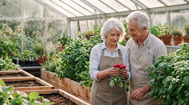 Senior couple holding fresh organic radishes together in a sunny greenhouse garden