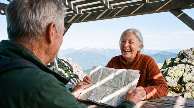 Happy senior couple sitting under a wooden gazebo and laughing while looking at a hiking map in the mountains