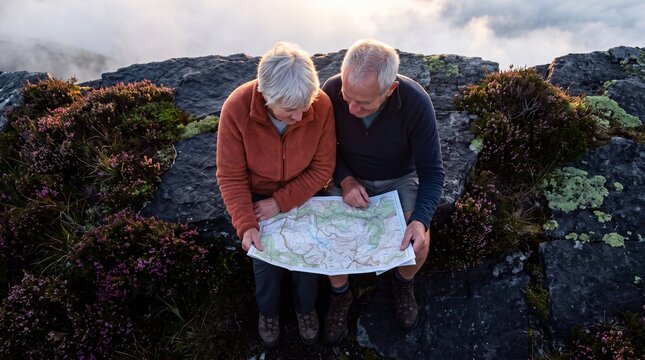 Senior couple sitting on a rocky mountain peak studying a paper map while hiking outdoors at sunrise