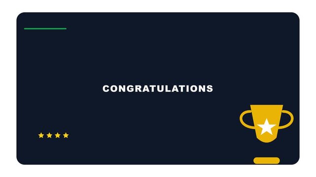 Animated Congratulations Screen with Gold Trophy and Star Rating System.
