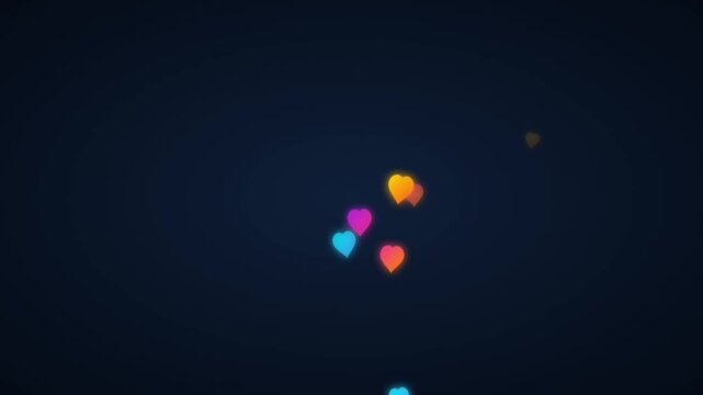 Colorful neon heart shapes floating upwards against a dark gradient background for romantic celebration and social media reaction concepts