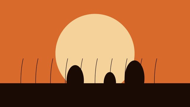 Minimalist Sunset Silhouette Animation Featuring Abstract Grass and Rounded Shapes.