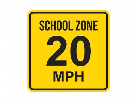 A yellow rectangular road safety sign displaying &ldquo;SCHOOL ZONE 20 MPH,&rdquo; indicating a reduced speed limit near a school.