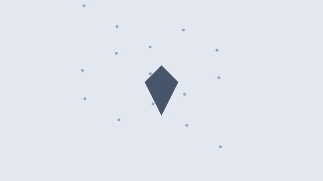 Minimalist animated kite shape floating with scattered particles in a clean light blue background.