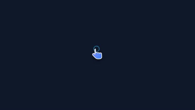 Blue hand cursor clicking on a screen button icon for web and mobile user interface design