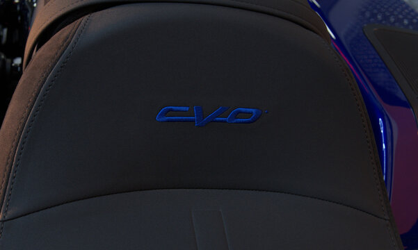 Denver, Colorado, USA, 19 August 2026. A close-up view of the leather seat stitching on a Harley Davidson CVO motorcycle.