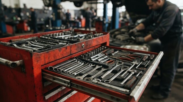 Red tool box with open drawers full of wrenches and sockets in auto repair shop