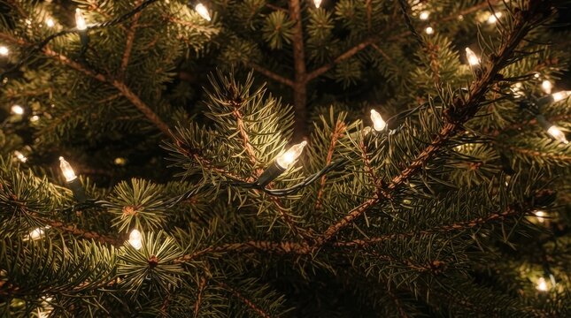 Christmas tree branches decorated with glowing string lights